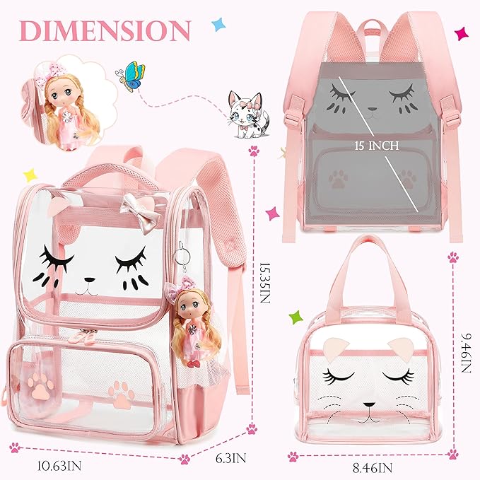 AO ALI VICTORY clear backpack Girls with Tote Bag Heavy Duty PVC Transparent Cute Backpack for Kids Toddler Preschool Bookbags Elementary School Bags See Through Casual Travel Daypack, Pink Set