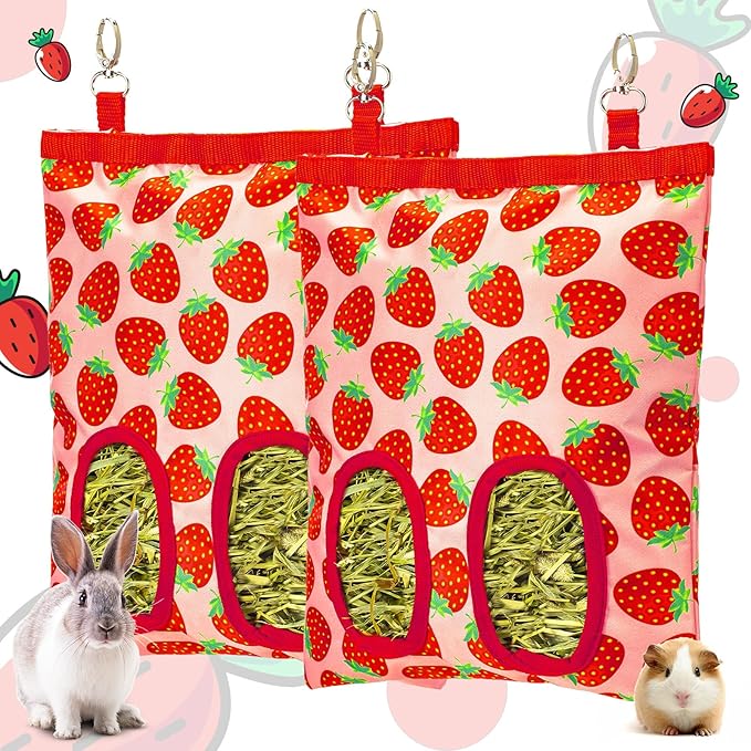 2Packs Large Rabbit Hay Feeder Bag, Upgraded Guinea Pig Hay Feeder with 3 Hooks, Chew Proof Washable Hay Bag for Rabbits Bunny Chinchilla Hamster, Mess Free Grass Holder 2 Holes, 9.8x11.4 Inch