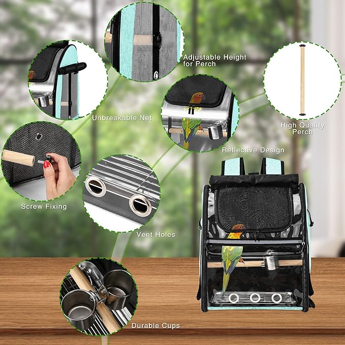 Bird Carrier Bag with Indestructible Stainless Steel Mesh, Bird Travel Cage with Stand, Easy to Clean Backpack for Parrot, Portable Bird Travel Bag, Green