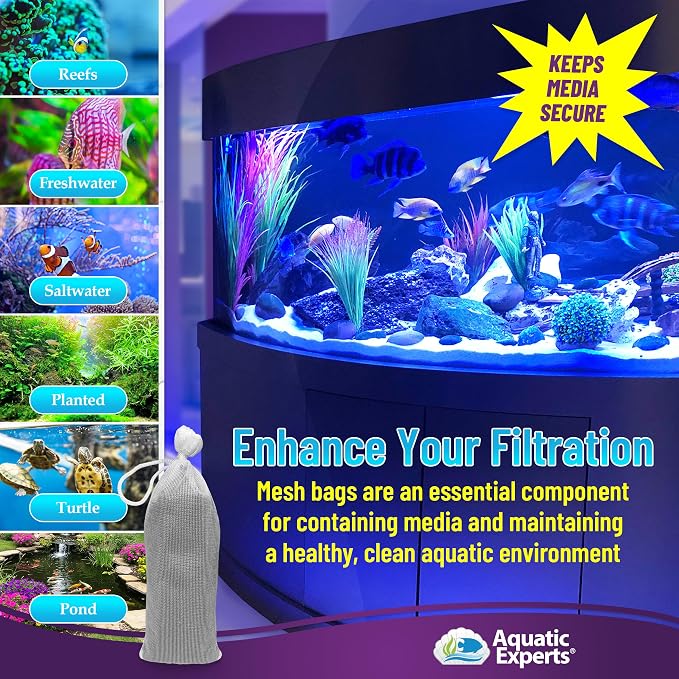 Aquatic Experts Fine Aquarium Media Bag, Durable Drawstring Bags for Fish Tank Filters, 450 Micron Mesh, (Fine, 5" x 9" - 4 Pack)