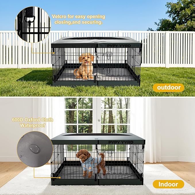 Dog Playpen with Top Cover and Bottom Pad - Foldable Metal Puppy Play Pen,24x24in 8 Panels Dog Playpen with Door for Indoor Outdoor,Heavy-Duty Pet Exercise Fence for Small Medium Animals