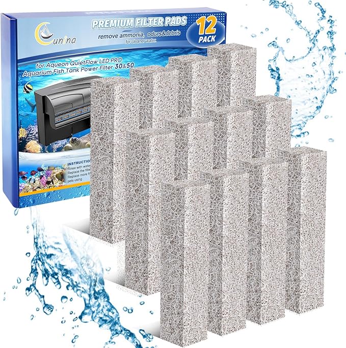 12PCS Ammonia Reducer Filter Pads Compatible with Aqueon Quietflow 30 & 50, Sponge Filters for Aqueon Replacement Filter Cartridges Large, LED PRO Aquarium Fish Tank Power Filter