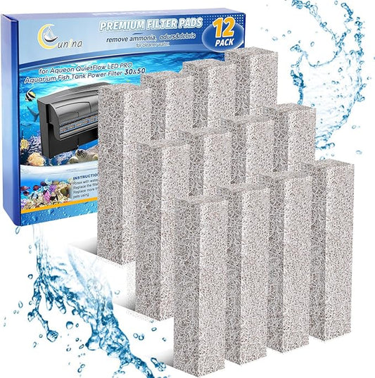 12PCS Ammonia Reducer Filter Pads Compatible with Aqueon Quietflow 30 & 50, Sponge Filters for Aqueon Replacement Filter Cartridges Large, LED PRO Aquarium Fish Tank Power Filter