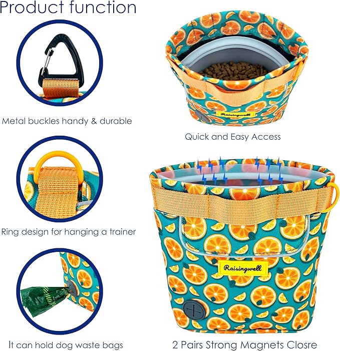 Raisingwell Dog Treat Pouch for Pet Walking and Training with Clicker 2 Cup Silicone Bag Small Fanny Pack Holder for Puppy Snack Dispenser Kit for Leash and Outdoor Use (Fruit Orange)