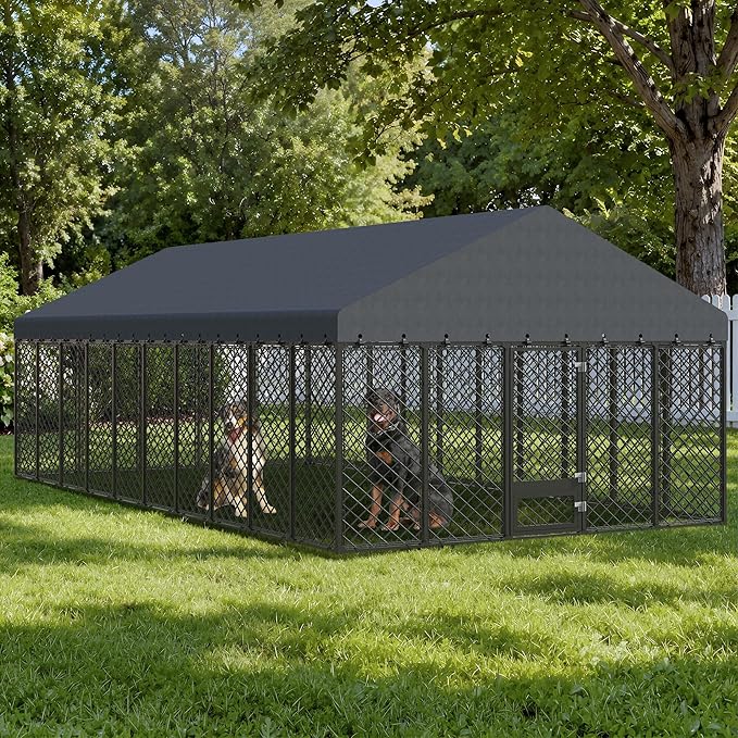 10x20×6.4 FT Heavy Duty Dog Kennel Outdoor with Secure Double Locks and Waterproof & UV Resistant Roof Cover,All Weather Resistant Anti-Rust Metal Enclosure for Large Dogs