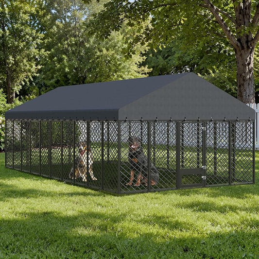 10x20×6.4 FT Heavy Duty Dog Kennel Outdoor with Secure Double Locks and Waterproof & UV Resistant Roof Cover,All Weather Resistant Anti-Rust Metal Enclosure for Large Dogs