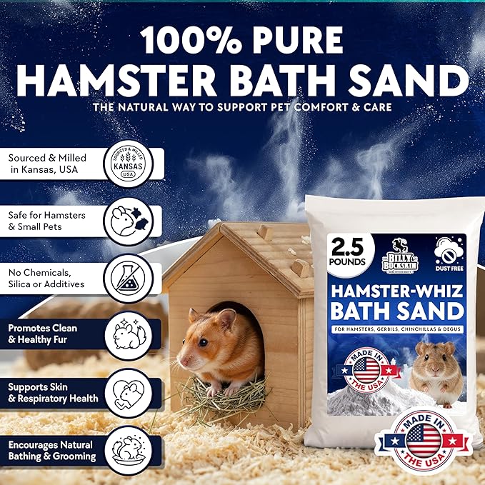 2.5 LB. Hamster Sand Bath - Dust Free, All Natural Volcanic Ash for Fur Health - Sand Bath for Chinchillas, Gerbils, Mice, Degus & All Small Pets - Made in USA - Hamster Accessories by Billy Buckskin