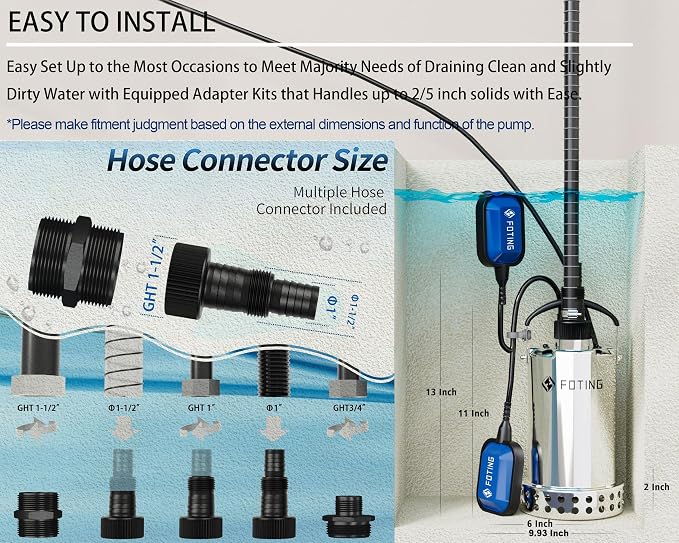 FOTING Full 304 Stainless Steel Sump Pump with Float Switch - 1HP 4600GPH Automatic Submersible Water Pump Fast Water Removal in Pools, Basements, Sewage, Hot Tubs Heater Flush Pit, ponds w/ 10FT Cord
