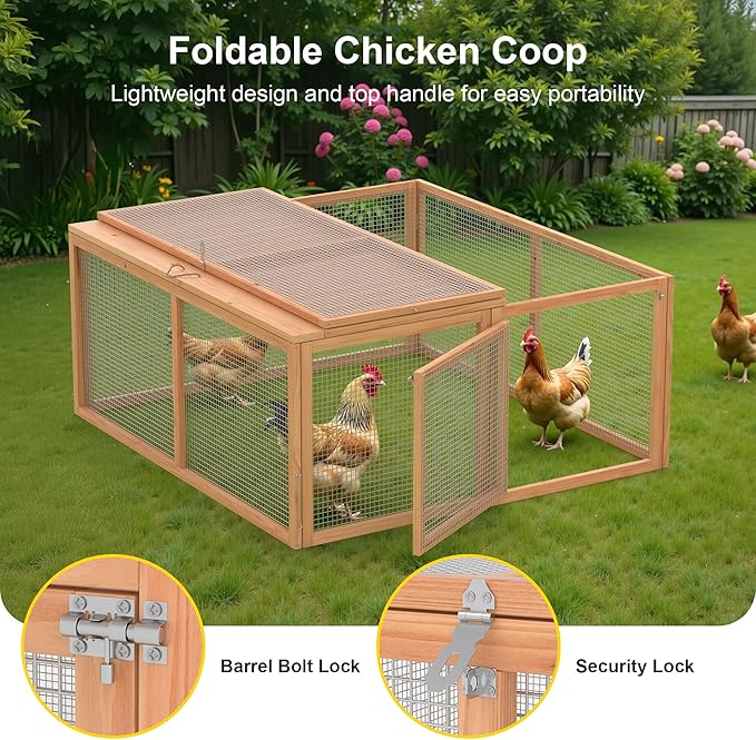 Chicken Coop, Wooden Rabbit Hutch Outdoor Indoor Folding Bunny Cage with Handle Portable Chicken Run with Top & Side Opening Doors Small Animal Playpen No Assembly Pet Poultry Cage for Bunny(Wood)