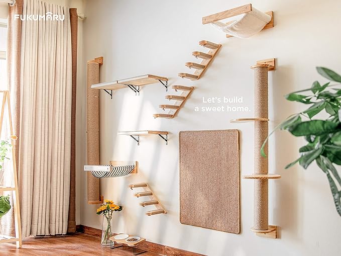 FUKUMARU Cat Climbing Shelf Wall Mounted, Four Step Cat Stairway with Jute Scratching for Kitten Perch Platform Walls Furniture