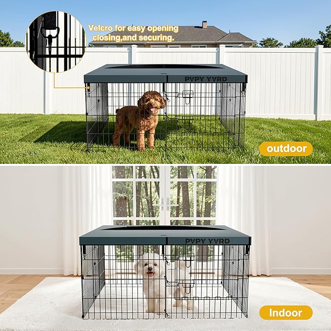 Dog Playpen with Top Cover,Foldable Metal Puppy Play Pen,24x24in 8 Panels Dog Playpen with Door for Indoor Outdoor,Heavy-Duty Pet Exercise Fence for Small Medium Animals
