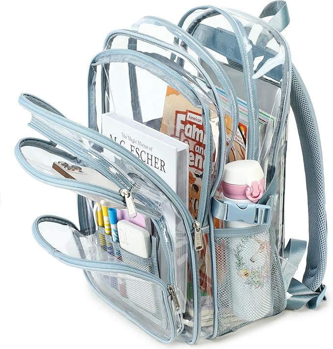 abshoo Large Heavy Duty Clear Backpack For School Bookbag Transparent Multi Pocket Backpacks (Blue)