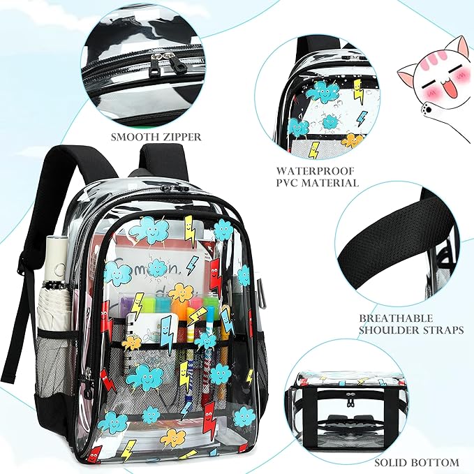 AO ALI VICTORY Clear Backpack for Boys Girls,16 Inch Kids Clear Backpack Set with Lunch Bag PVC Elementary Bookbag for School Students See Through Transparent Travel Back Pack,Black Lightning