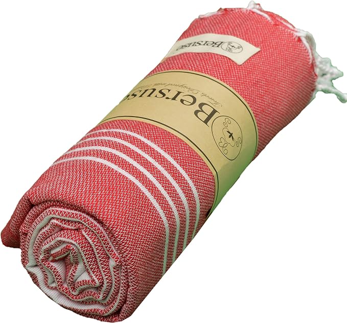 Bersuse Towels Anatolia XL Beach Blanket Throw Blanket Turkish Towel 100% Cotton Extra-Large Quick-Dry Lightweight Premium Peshtemal Towel - 61x82 Inches, Red (Set of 6)