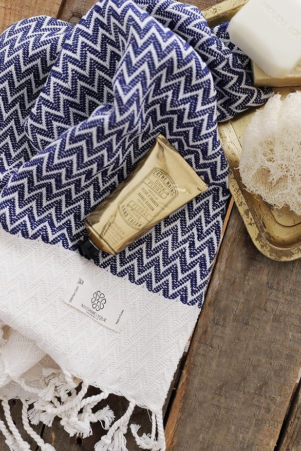 Madamelique Exclusive Hand Towels Set of 2-18 x 40 Inches - Decorative Bathroom Peshtemal Towel for Hand, Face, Hair, Yoga, Tea, Dishcloth, Kitchen and Bath - 100% Pure Cotton (Navy)