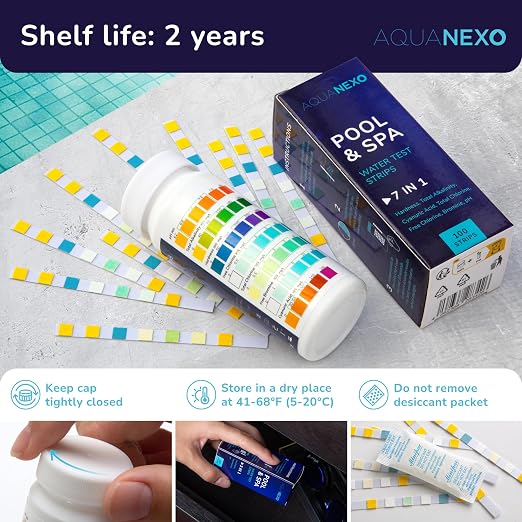 7 in 1 Pool & Spa Test Strips - 100 Strip Water Testing Kit for Swimming Pool, Hot Tub & Spa - Tests Free & Total Chlorine, Bromine, pH, Alkalinity, Hardness, Cyanuric Acid