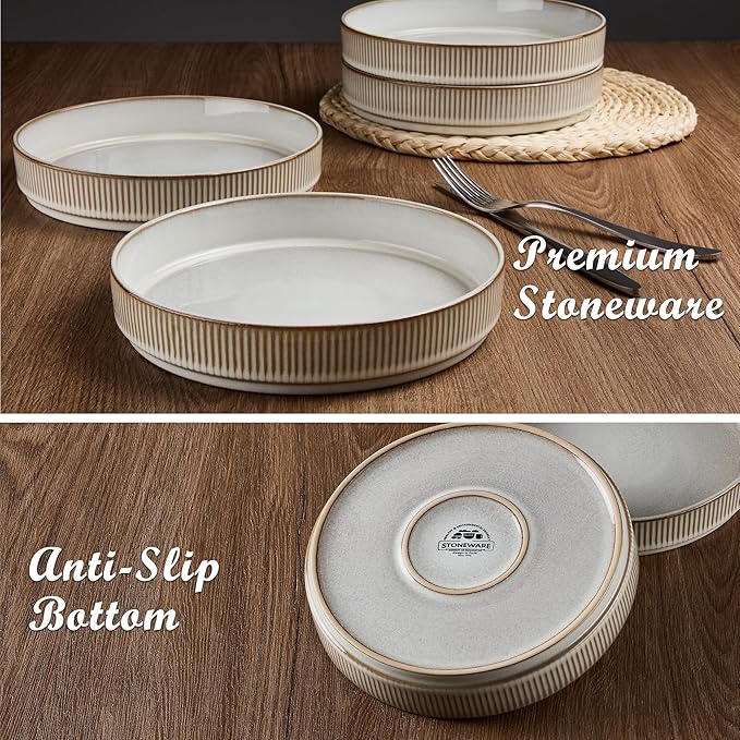 E-far Pasta Bowls Set of 6, 35oz Large Salad Bowl Plate for Dinner Serving, Wide & Shallow Ceramic Stoneware Pasta Plates, Microwave & Dishwasher Safe, Reactive Glaze Textured Stripes, Creamy Beige