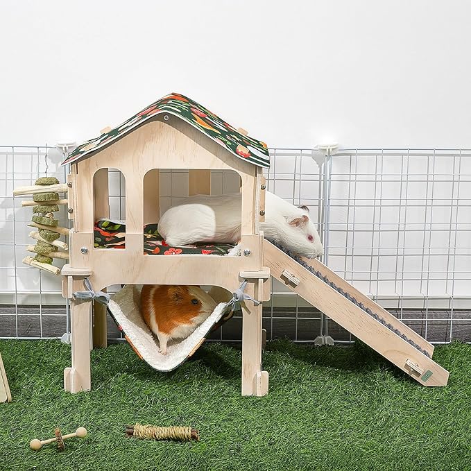 Bienbee Guinea Pig Hideout, Large Wooden Guinea Pig Castle with Stair, Hammock and Mat, Detachable Double-Decker Guinea Pigs House for Bunny Hamster Chinchilla Ferret Rabbit Guinea Pigs Accessories