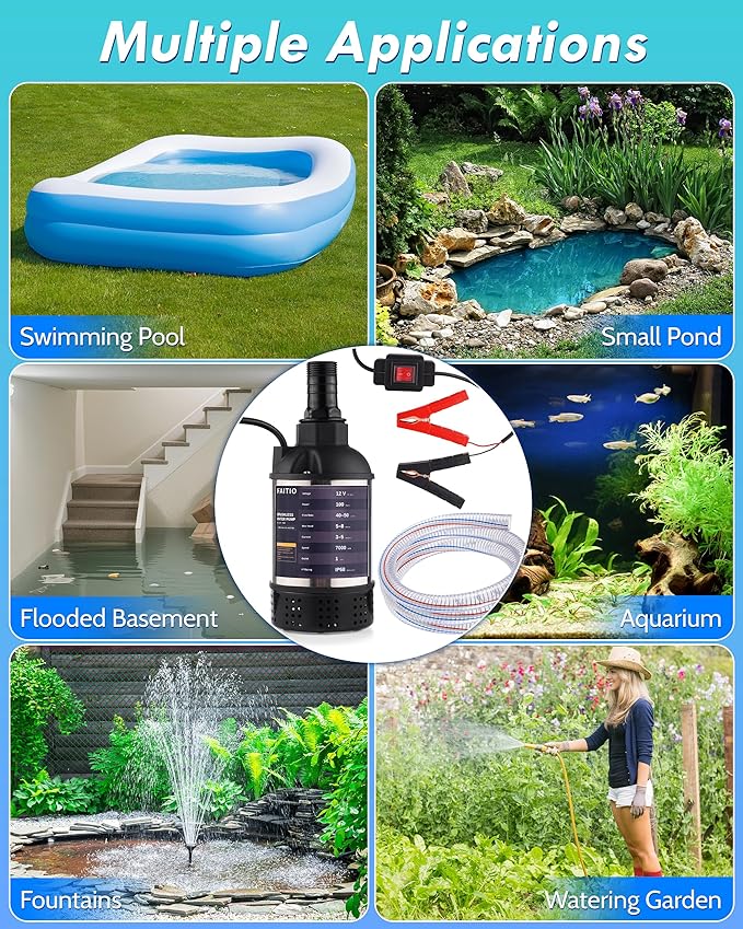 12V DC Submersible Water Transfer Pump w/ 6.6ft Water Hose, Power Button and Battery Clamps, 1100GPH Battery Powered Sump Pump, Portable Submersible Utility Pump for Camping, Rain Barrel