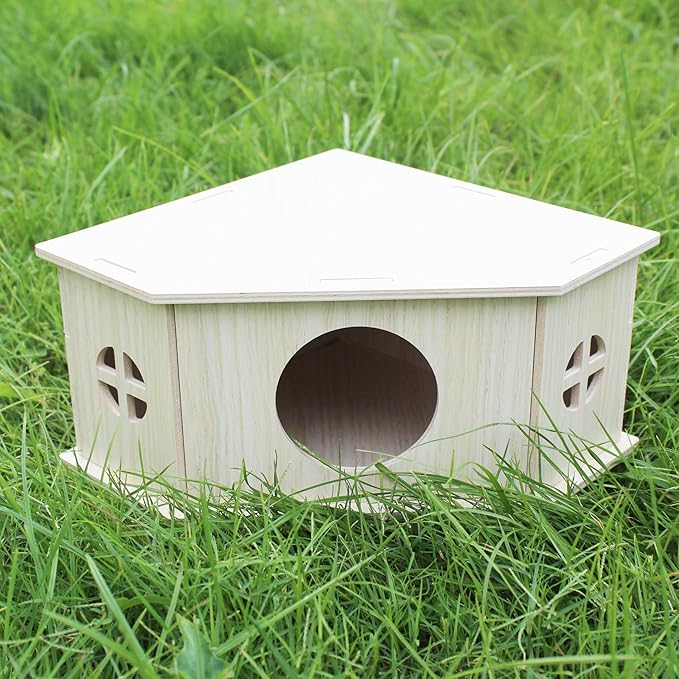 Amonk Triangle Hamster Hideout Wooden Syrian Hamster Toys 8x8x4in Small Animals Houses Exploring Toys with Hole & Windows for Young Gerbil, or Baby Mouse and Other Small Pets