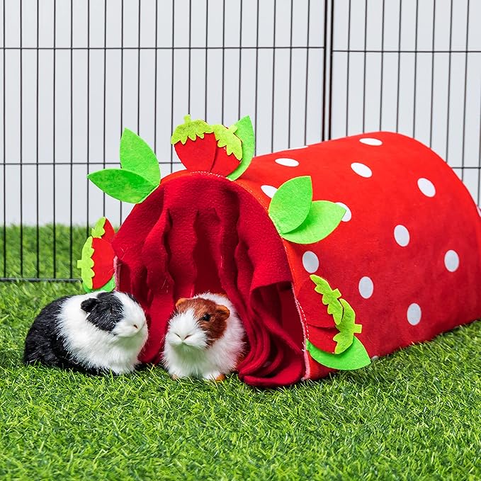 Guinea Pig Hideout - Soft Fleece Tunnel House for Rat Hamster Hedgehog Chinchilla Squirrel Samll Animals - Cute Strawberry Shapes Bedding Cage Accessories for Sleeping Rest Playing