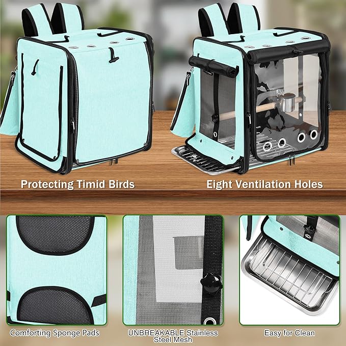 Bird Carrier with Seat Belt for Car Travel, Bird Backpack Carrier with Indestructible Stainless Steel Mesh, Large Bird Carrier Travel Cage, Green