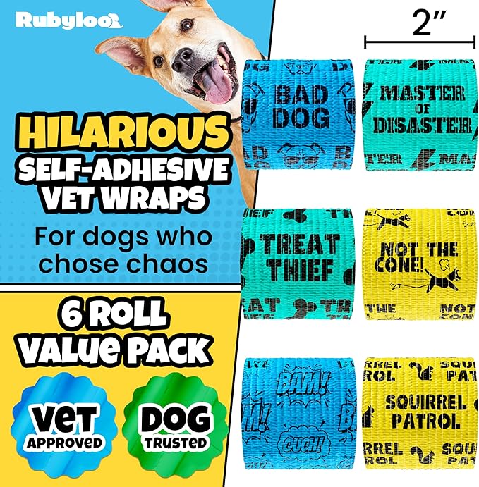 Vet Wrap for Dogs – Funny Dog Bandage for Wounds – Boys 6 Pack 2" Self-Adhesive Vet Tape – Breathable Pet Wrap Bandage for Hot Spots & Injuries – Dog First Aid Kit Supplies – Oops Wraps by Rubyloo
