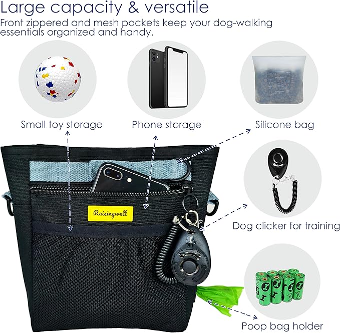 Raisingwell Dog Treat Pouch with Magnetic Closure 4-Cup Silicone Bag Fanny Pack Holder with Clicker 4 Ways to Wear Front Pocket Fits All Phones Ideal for Leash, Pet Walking and Training（Black）
