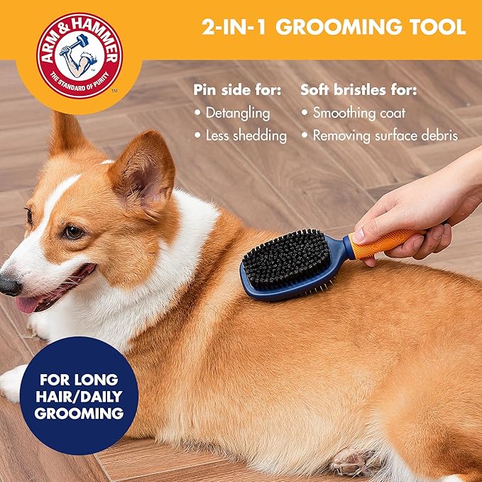 Arm & Hammer Deodorizing 2-in-1 Pin & Bristle Dog Brush, Fragrance Transfer Technology with Baking Soda, Detangling & Shedding, Dog Grooming Brush for Long Hair, Sweet Apple & Rose Scent