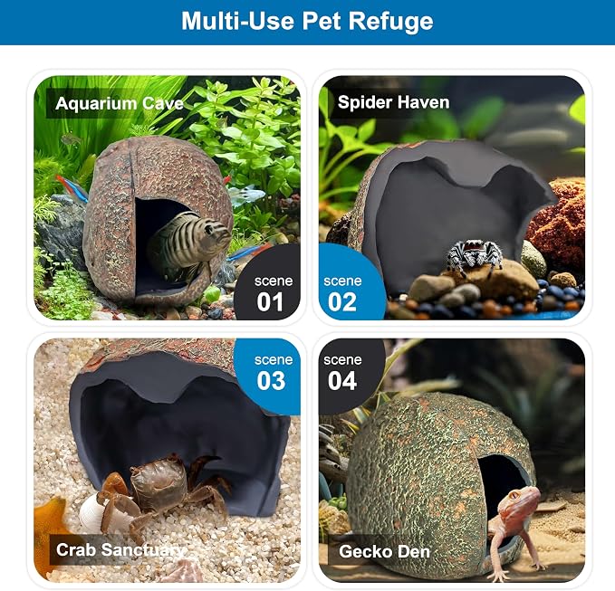 Magnetic Rock Aquarium Cave, Betta Fish Hideout & Fish Tank Decor | Fits glass or acrylic up to 0.5 in, dark interior hiding spot for shy pleco, cichlid, small fish and geckos, wipes clean