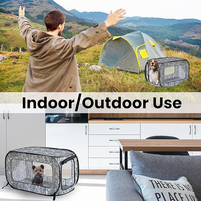 Beatrice Home Fashions Portable, Collapsible, Pop Up Kennel Travel Cat and Dog Crate, 40" L x 27" W x 27" H, Tail Waggers