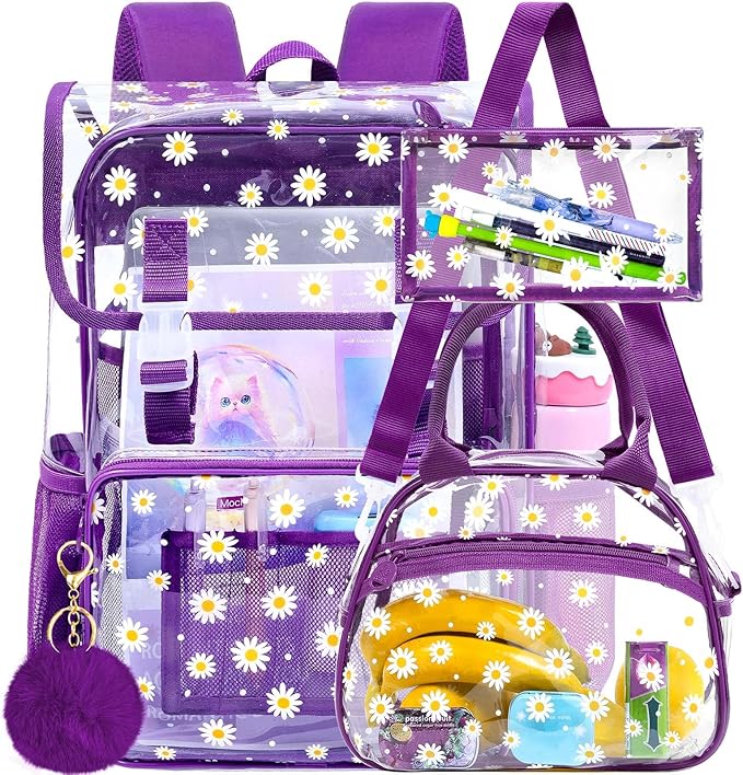 17" Daisy Clear Backpack for Girls - 3Pcs Flip Design Stadium Approved Set, Gym/Concert Transparent Bookbag (Deep Purple)