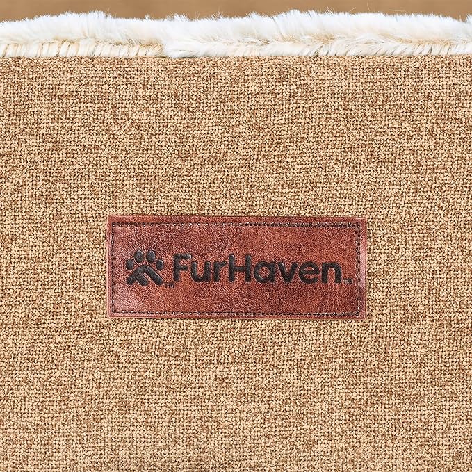 FurHaven Jumbo (32"x40") Orthopedic Dog Bed – Birch Faux Fur & Soft Faux Linen Modern Sofa Pet Bed, CertiPUR-US Foam, Removable Washable Cover, Nutmeg