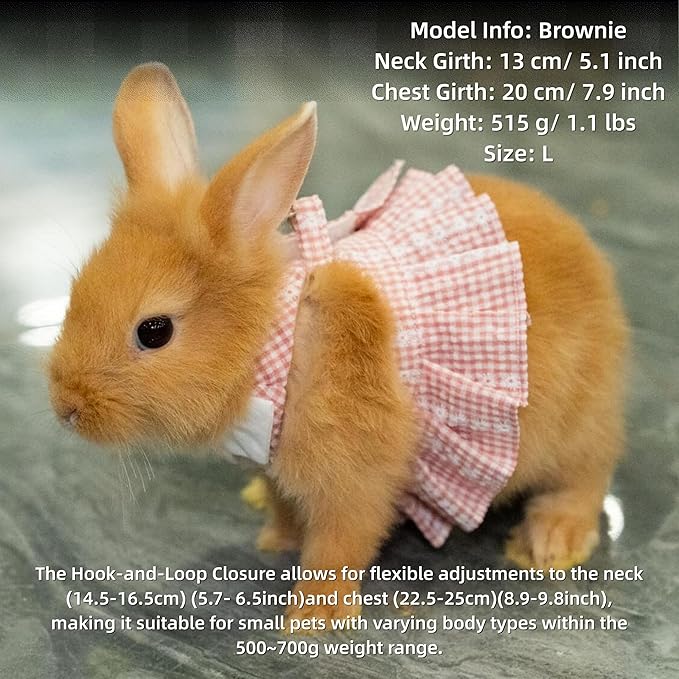 SMOLKITH Rabbit Clothes - Bunny Adjustable Pink Checkered Dress with Leash, Small Animal Apparel for Walking - Fits Guinea Pigs, Chinchillas, Meerkats, Prairie Dogs, Pet Rats and More