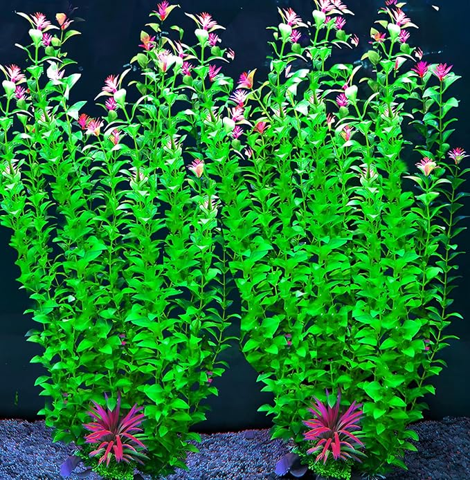 2 pcs Aquarium Decor Plants 21 Inches Extra Large Artificial Plastic Fish Tank Plants with Flowers, Tall Fish Tank Decoration for Betta Fish Tank