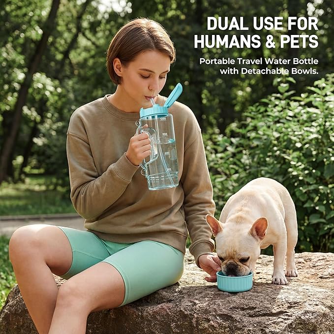 Large Capacity 40 Oz Dog & Human Water Bottle, BPA-Free Portable Travel Dog Water Bottle with Removable Bowl & Straw, Leakproof Water Dispenser for Outdoor Walking, Hiking, Camping