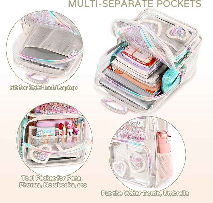 Clear Backpack for Girls,Clear Bookbag Heavy Duty Transparent Backpacks for Stadium Events, See Through Back Pack for Kindergarten Elementary Middle High School (Off-white)