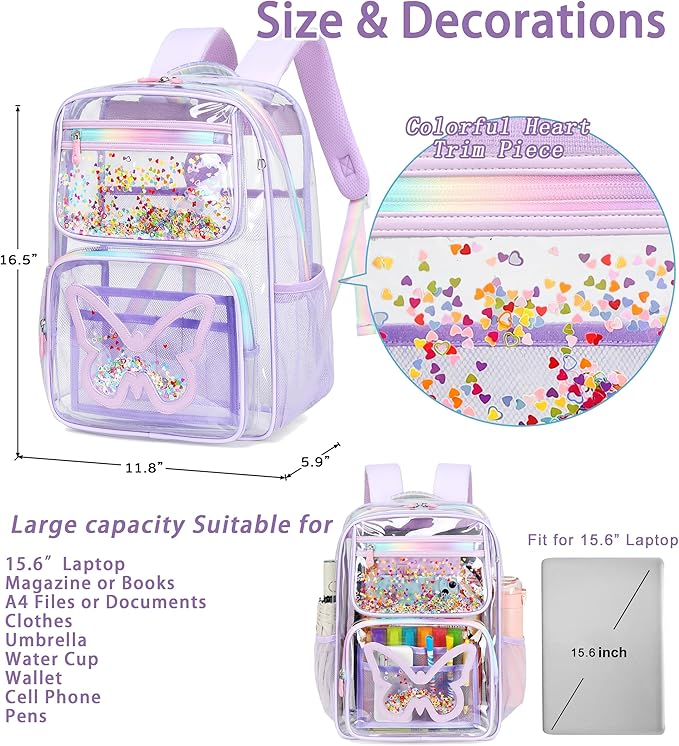 Clear Backpack for School,Large Bookbag Heavy Duty See Through Butterfly Backpacks for Girls Stadium Approved Daypack Transparent Shoulder Bags for Students,Teens,Women,Work,Travel,Concert Purple