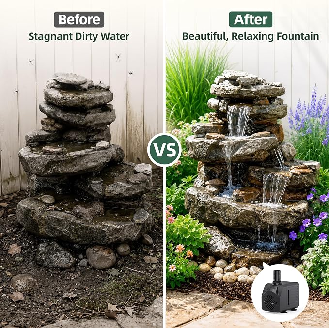 Reliable Waterfall Fountain Pump：Run 24/7 for Stable Circulation | 30W 550GPH 7.2ft Adjustable for 2-5ft 2-4 Tier Fountain & 185℉ Dry Burn Safe - 20dB Ultra Quiet Only Natural Water Sound