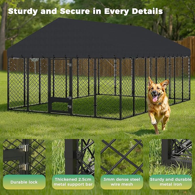 10x14×6.4 FT Heavy Duty Dog Kennel Outdoor with Secure Double Locks and Waterproof & UV Resistant Roof Cover,All Weather Resistant Anti-Rust Metal Enclosure for Large Dogs