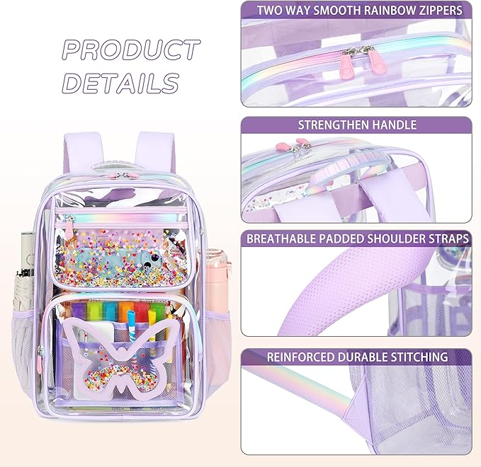 Clear Backpack for School,Large Bookbag Heavy Duty See Through Butterfly Backpacks for Girls Stadium Approved Daypack Transparent Shoulder Bags for Students,Teens,Women,Work,Travel,Concert Purple