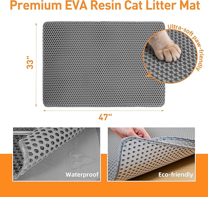 Large Cat Litter Mat for Litter Box, 47"×33" Double Layer Trapping Mat, Non-Slip Water Proof Kitty Litter Pad, Grey