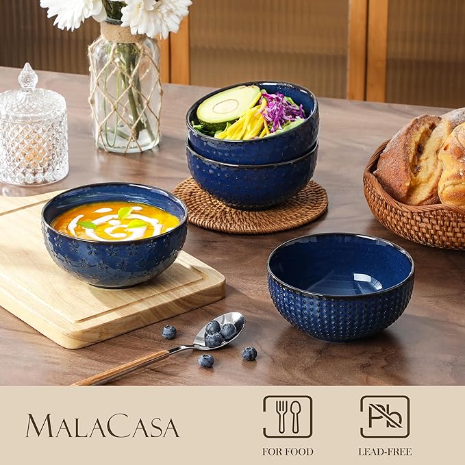 MALACASA Cereal Bowls, 30 Ounce Ceramic Blue Soup Bowl for Kitchen, Stoneware Bowls Set of 4 with Embossment for Pho, Chip, Fruits, Salad, Noodle, Ramen - 6 Inch, Series LYDIA