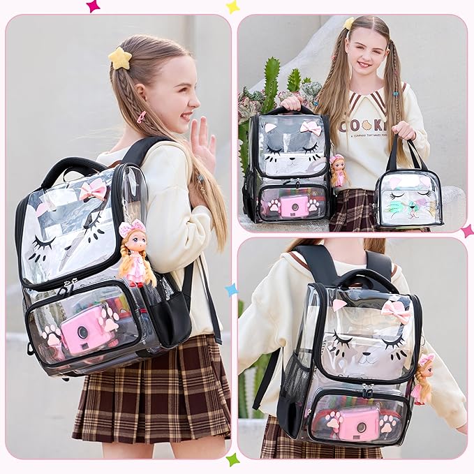 AO ALI VICTORY clear backpack Girls with Tote Bag Heavy Duty PVC Transparent Cute Backpack for Kids Toddler Preschool Bookbags Elementary School Bags See Through Casual Travel Daypack, Balck Set