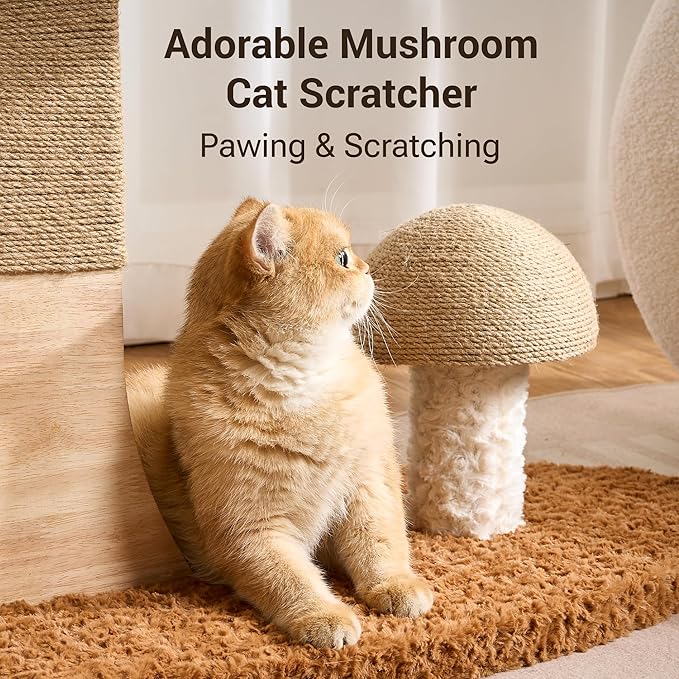 Aesthetic Flower Cat Tree Tower for Indoor Cats, 37" H Modern Cat Tree with Wood Sculpted Branch Scratching Post, Washable Flower Cat Beds, Mushroom Scratcher & Interactive Squeaky Toy, Brown