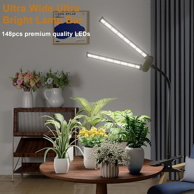 LED Grow Light, 6000K White Full Spectrum Clip Plant Growing Lamp | with Rotatable Dual Head for Indoor Desk Plants,Dimmable & Timer 4/8/12H,High Power Output for Faster Growth,1-Head