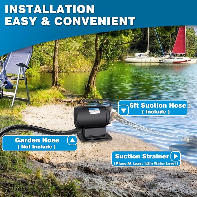 Water Transfer Pump DC 12V 1/10HP Portable Electric Water Removal Utility Pump with Switch and Suction Hose Kit, Low Suction Water Removal for RV, Water Beds, Pools, Rain Barrel, Aquariums