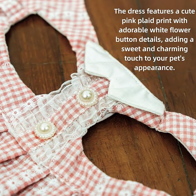 SMOLKITH Rabbit Clothes - Bunny Adjustable Pink Checkered Dress with Leash, Small Animal Apparel for Walking - Fits Guinea Pigs, Chinchillas, Meerkats, Prairie Dogs, Pet Rats and More