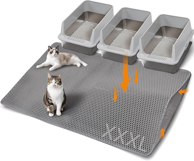 Large Cat Litter Mat for Litter Box, 47"×33" Double Layer Trapping Mat, Non-Slip Water Proof Kitty Litter Pad, Grey