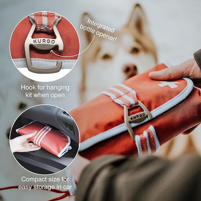 Kurgo Dog First Aid Kit - Emergency Care for Dogs on Hikes & Travel - Includes Dog First Aid Guide - 50 Pieces - Durable Oxford Fabric - Compact Travel Aid Kit
